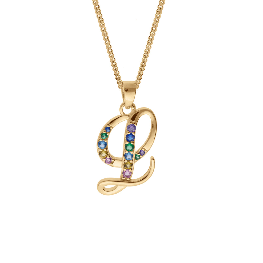 Collier en vermeil pendentif initiale l oxydes multi couleurs sertis  - 42+3cm - Vue 1