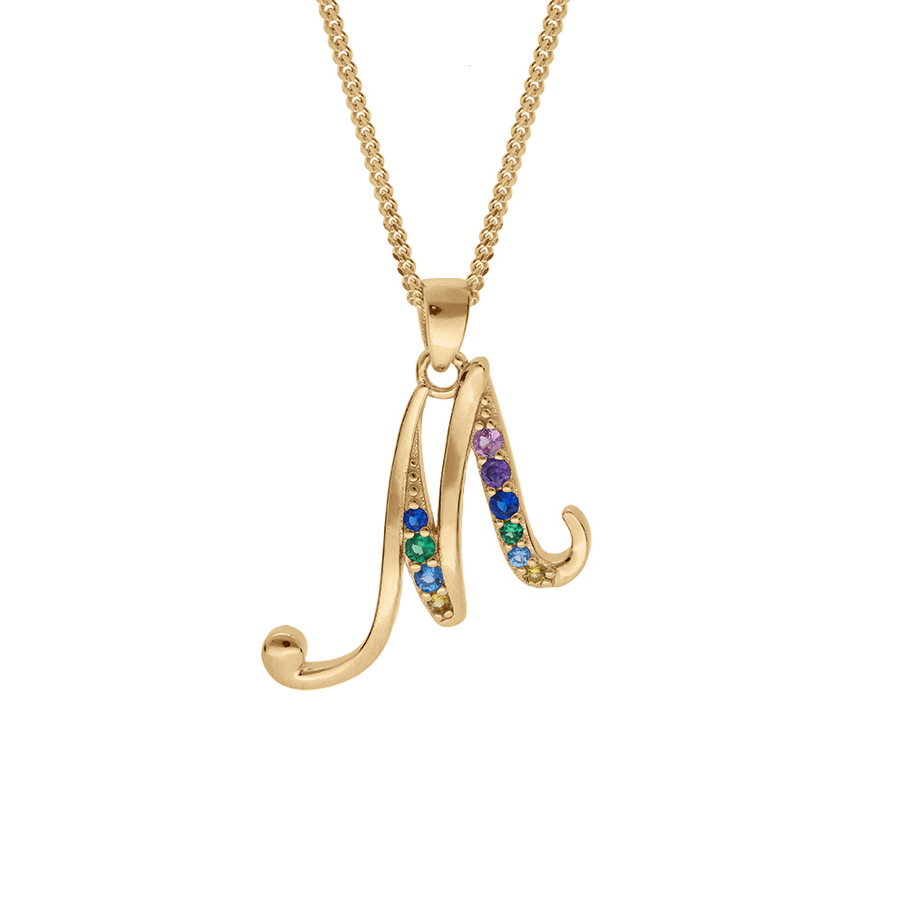Collier en vermeil pendentif initiale M oxydes multi couleurs sertis  - 42+3cm - Vue 1