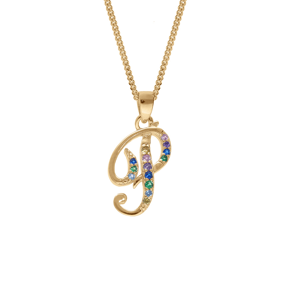 Collier en vermeil pendentif initiale P oxydes multi couleurs sertis  - 42+3cm - Vue 1