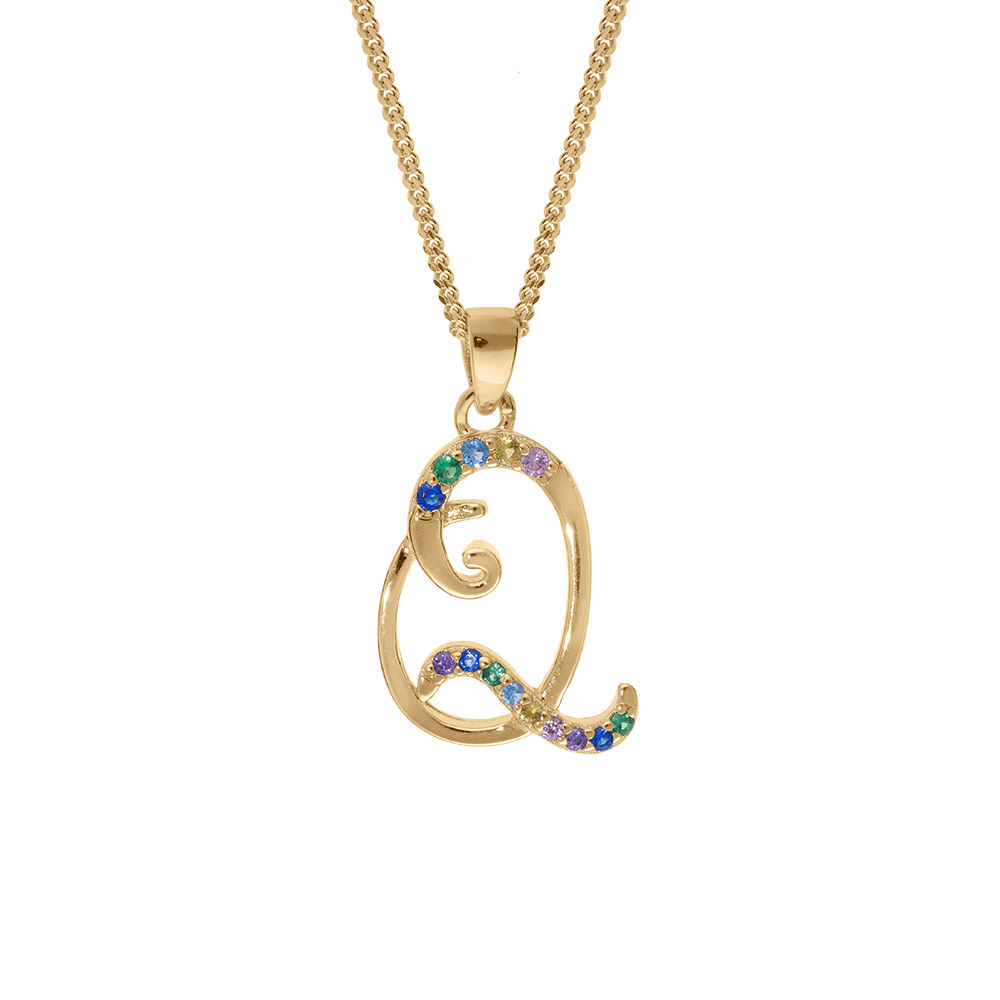 Collier en vermeil pendentif initiale Q oxydes multi couleurs sertis  - 42+3cm - Vue 1