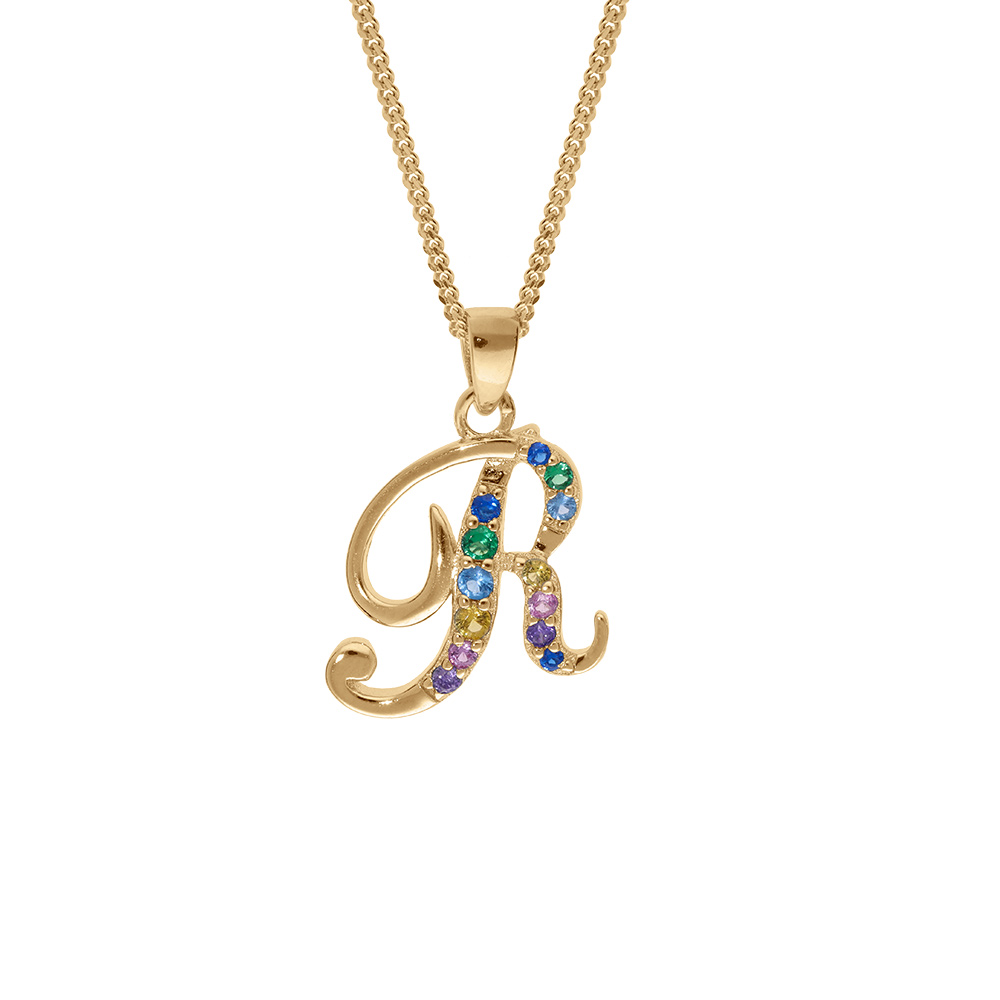 Collier en vermeil pendentif initiale R oxydes multi couleurs sertis  - 42+3cm - Vue 1