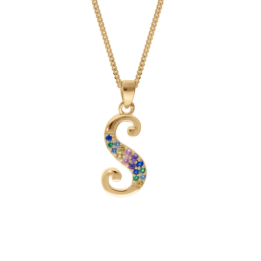 Collier en vermeil pendentif initiale S oxydes multi couleurs sertis  - 42+3cm - Vue 1
