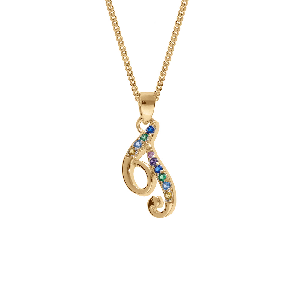 Collier en vermeil pendentif initiale T oxydes multi couleurs sertis  - 42+3cm - Vue 1