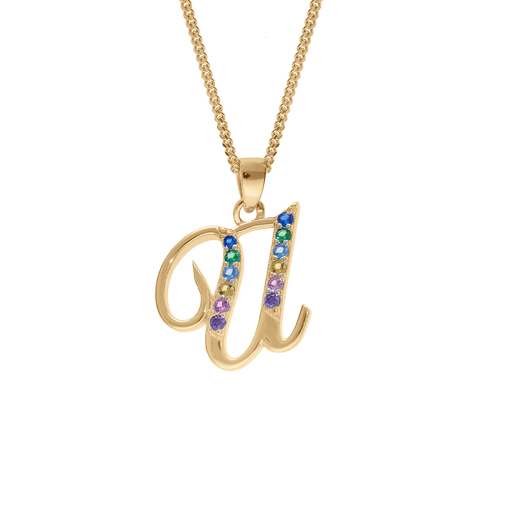 Collier en vermeil pendentif initiale U oxydes multi couleurs sertis  - 42+3cm - Vue 1