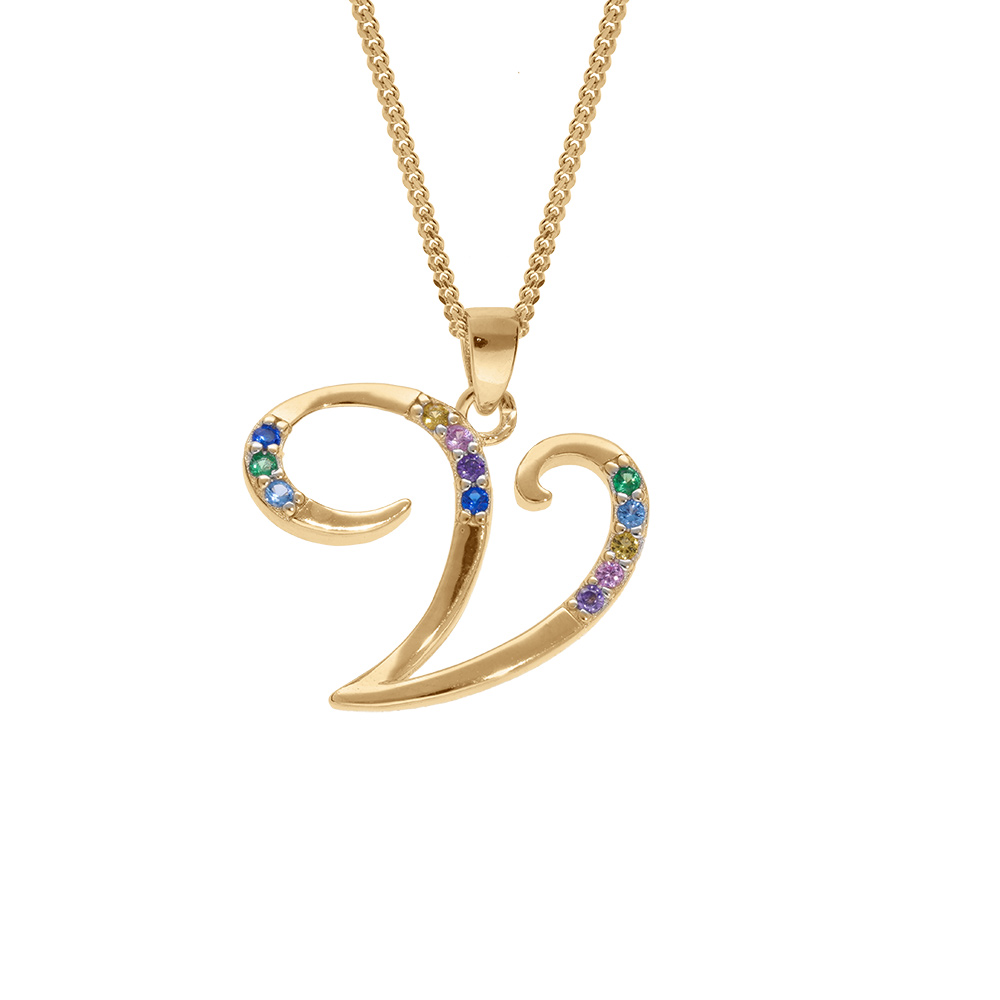 Collier en vermeil pendentif initiale V oxydes multi couleurs sertis  - 42+3cm - Vue 1