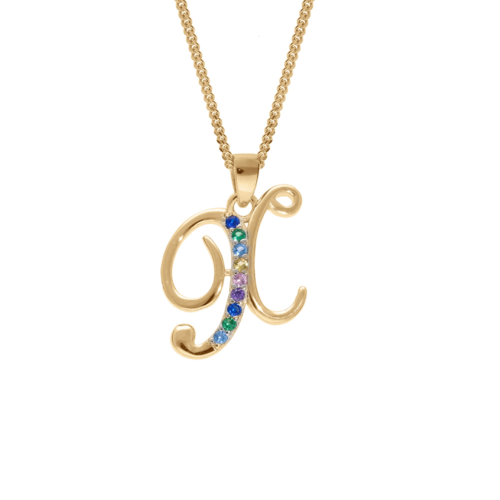 Collier en vermeil pendentif initiale X oxydes multi couleurs sertis  - 42+3cm - Vue 1