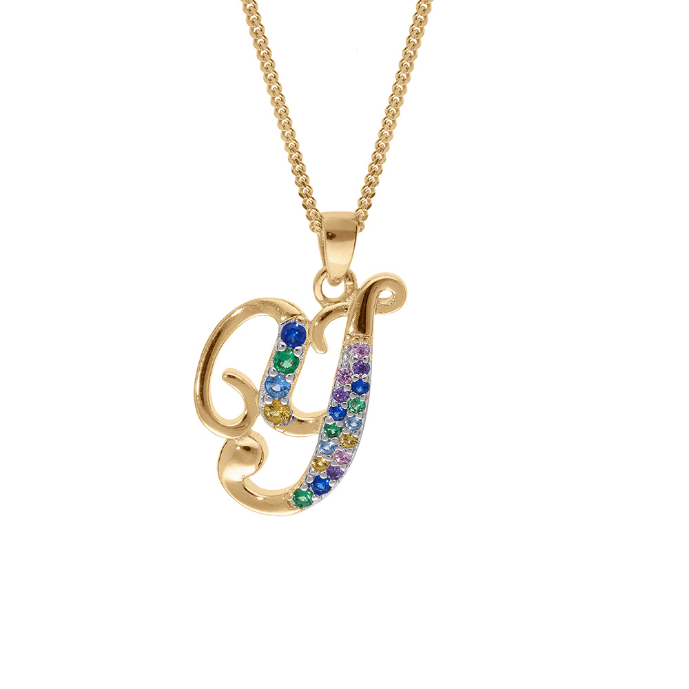 Collier en vermeil pendentif initiale Y oxydes multi couleurs sertis  - 42+3cm - Vue 1