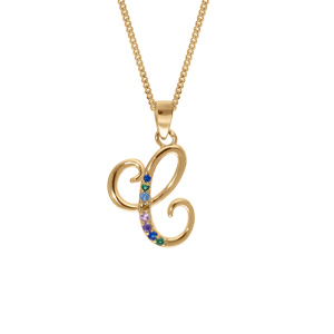 Collier en vermeil pendentif initiale C oxydes multi couleurs sertis - 42+3cm - Vue 1