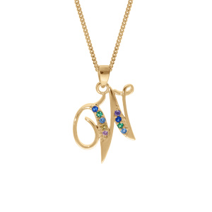 Collier en vermeil pendentif initiale W oxydes multi couleurs sertis - 42+3cm - Vue 1