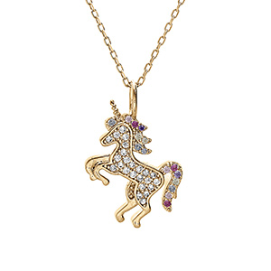 Collier en vermeil pendentif massif licorne orn�e d'oxydes multi couleurs sertis - 38+5cm