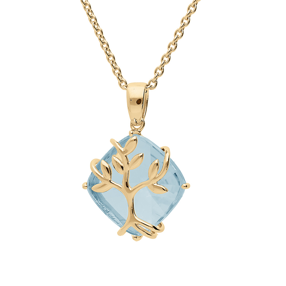 Collier en vermeil pendentif oxyde bleu ciel avec arbre de vie  - 42+3cm - Vue 1