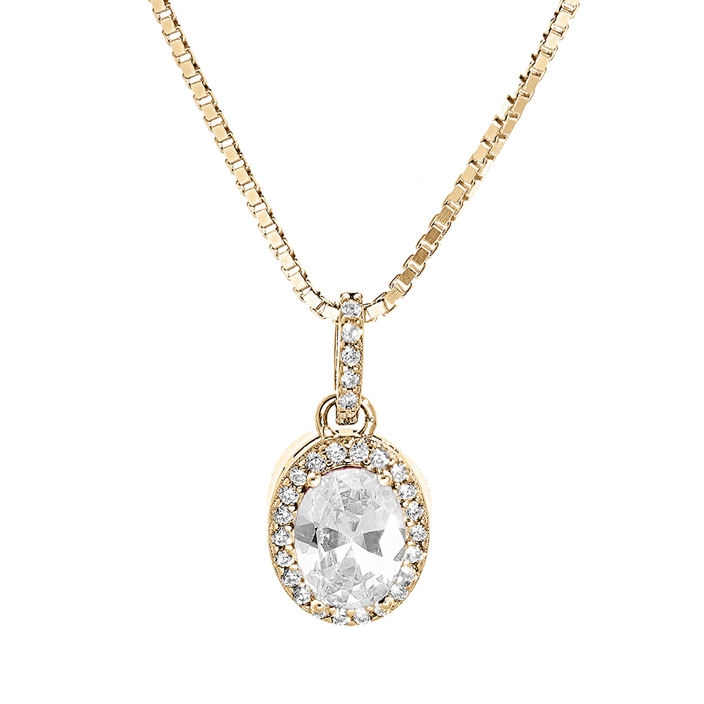 Collier en vermeil pendentif pierre centrale blanche avec contour d\'oxydes blancs sertis - 42+3cm - Vue 1