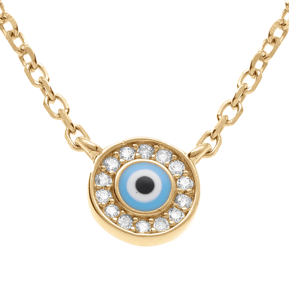 Collier en vermeil pendentif rond oeil de la chance et oxydes blancs sertis - 40+4cm - Vue 1