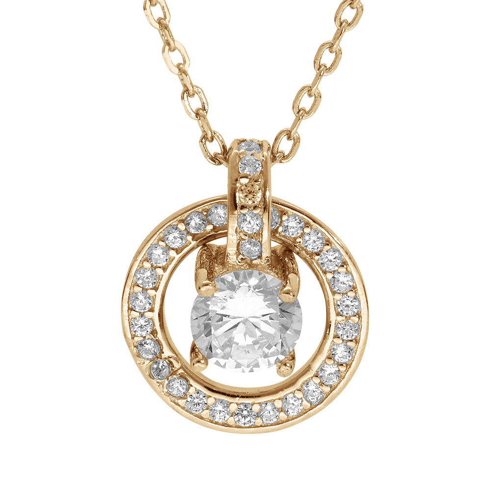 Collier en vermeil pendentif rondelle oxydes blancs sertis et au centre un oxyde blanc serti - 40+5cm - Vue 1