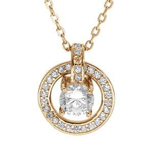 Collier en vermeil pendentif rondelle oxydes blancs sertis et au centre un oxyde blanc serti - 40+5cm