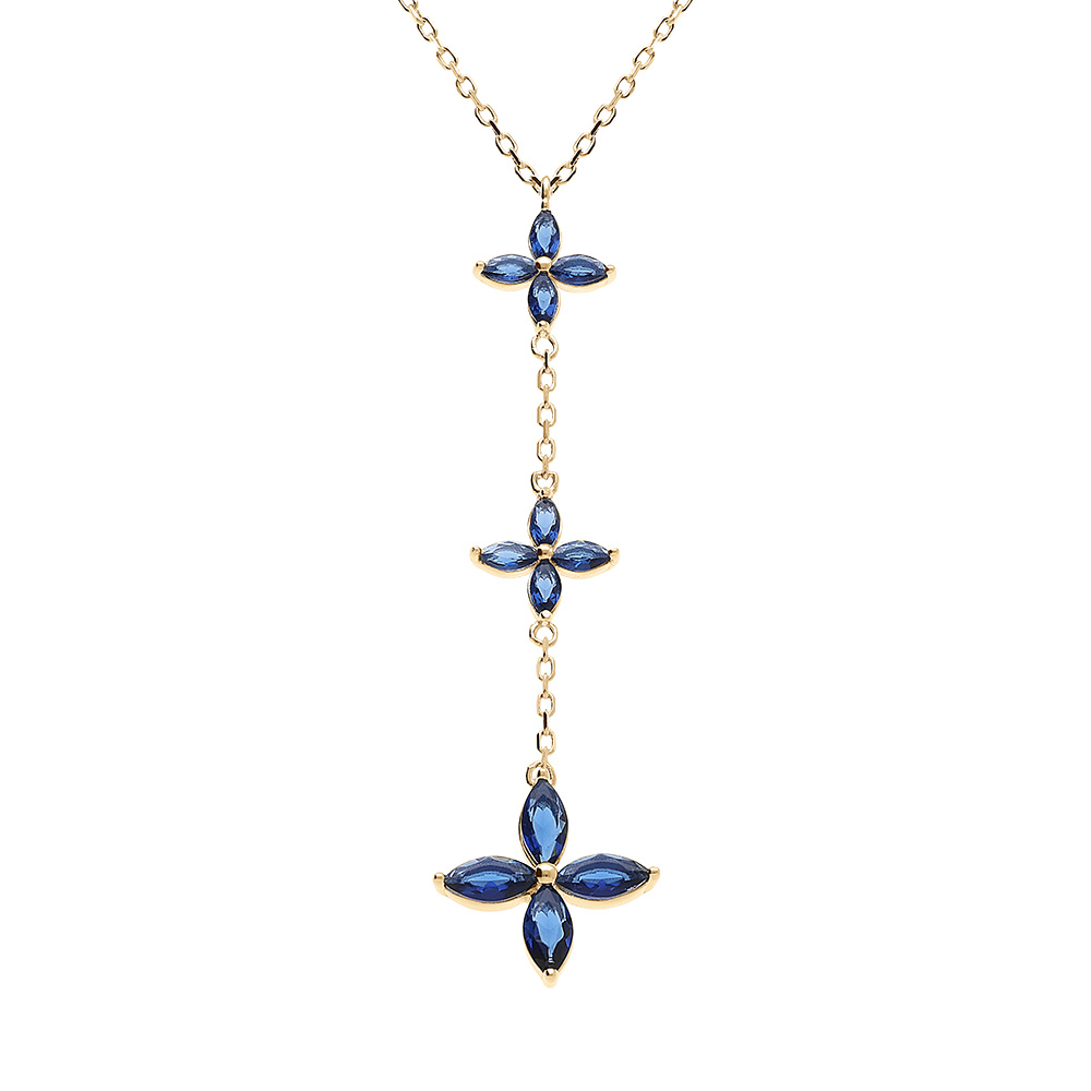 Collier en vermeil pendentif trois fleurs verre bleu fonc  - 40+4cm - Vue 1