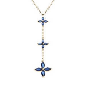 Collier en vermeil pendentif trois fleurs verre bleu foncé - 40+4cm - Vue 1