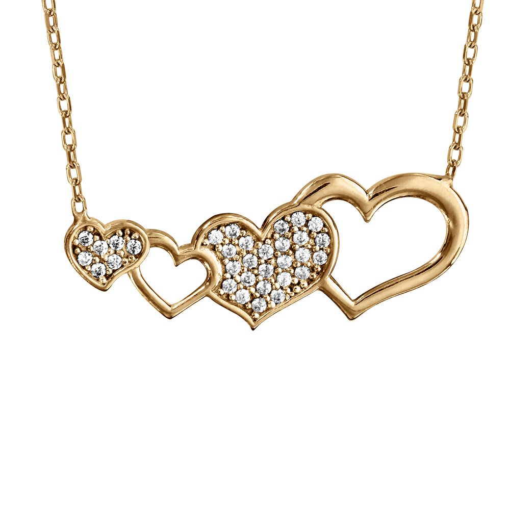 Collier en vermeil quatre coeurs dont deux  ajour�s et deux emplis d\'oxydes blancs sertis  - 42+3cm - Vue 1