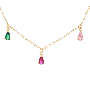 Collier en vermeil sept pampilles d\'oxydes multicouleurs sertis - 42+2cm - Vue 1