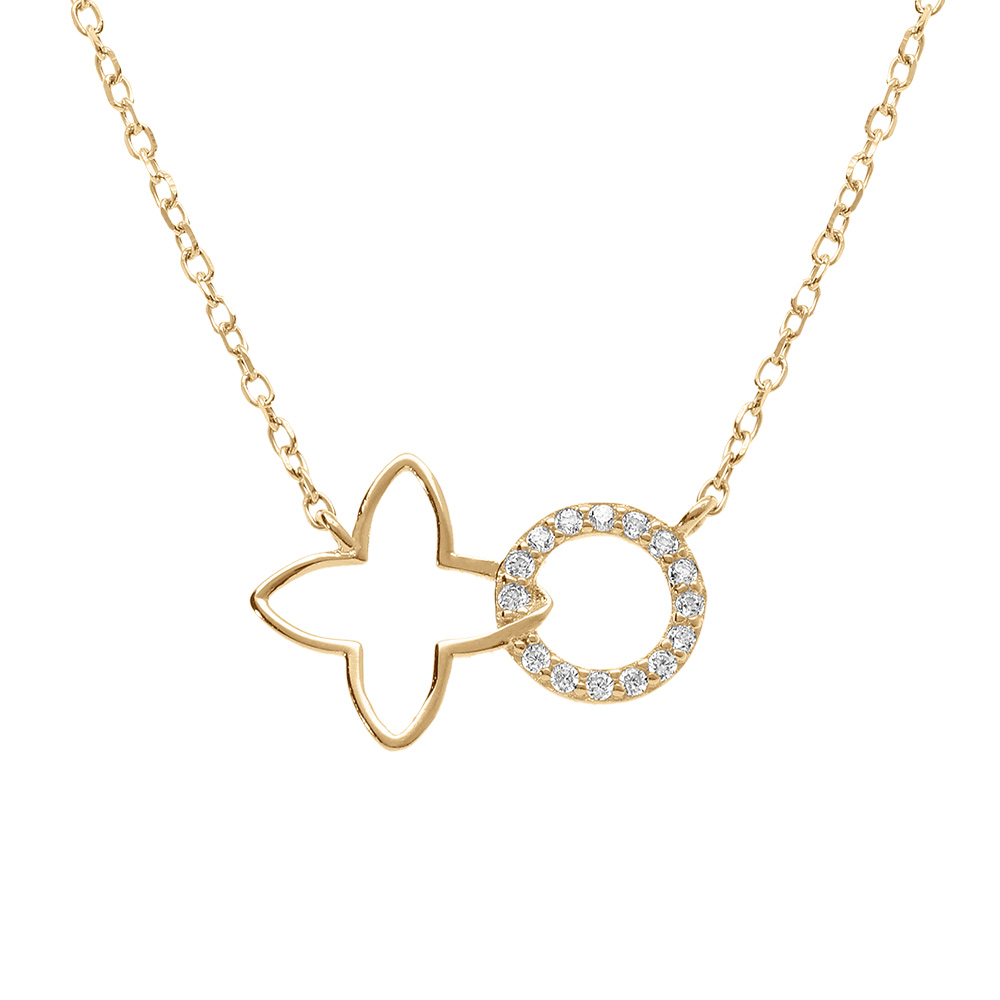 Collier en vermeil tr�fle  decoup� lisse et cercle entour� d\'oxydes blancs sertis - 40+4cm - Vue 1