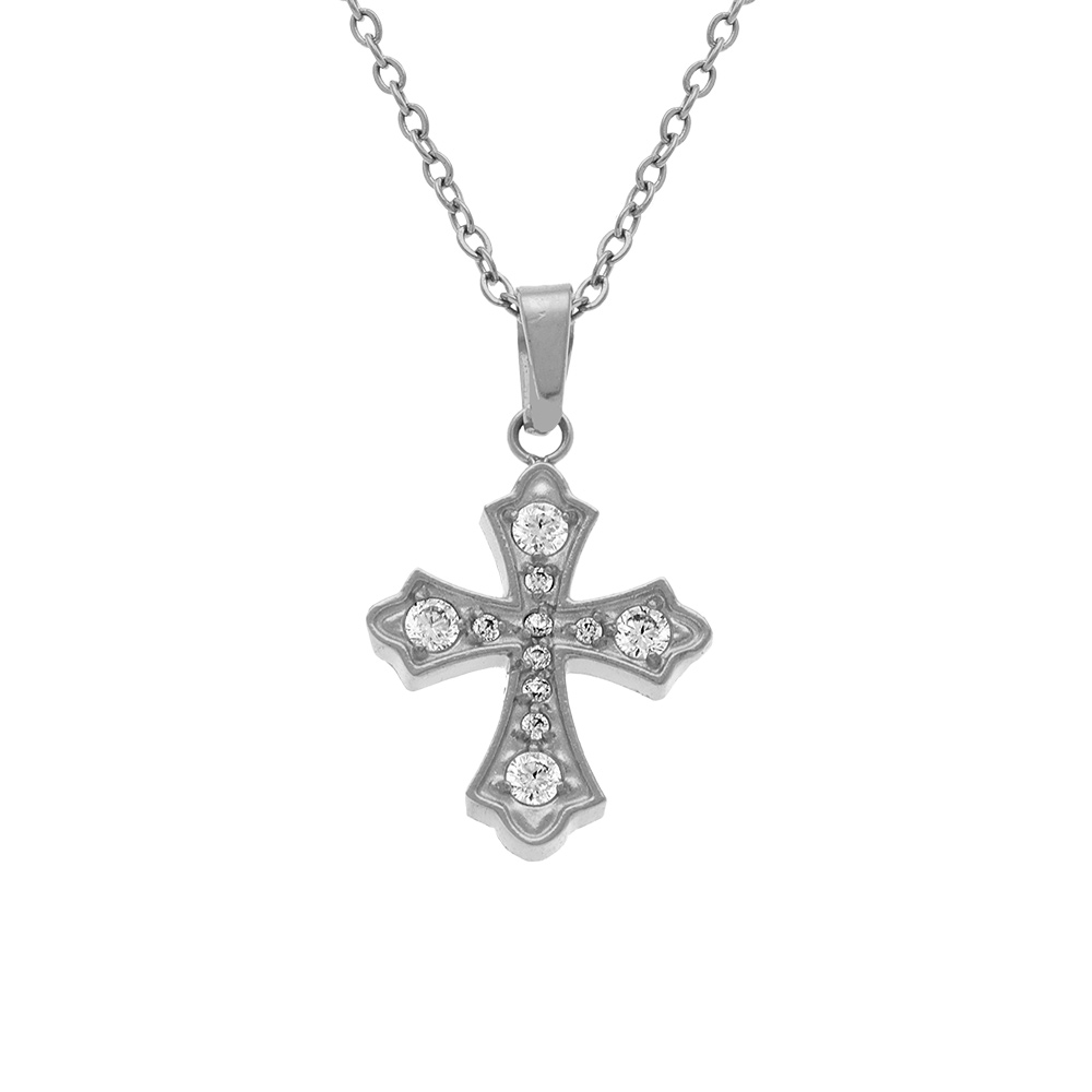 Collier enacier pendentif avec croix oxydes blancs sertis 42+5cm - Vue 1