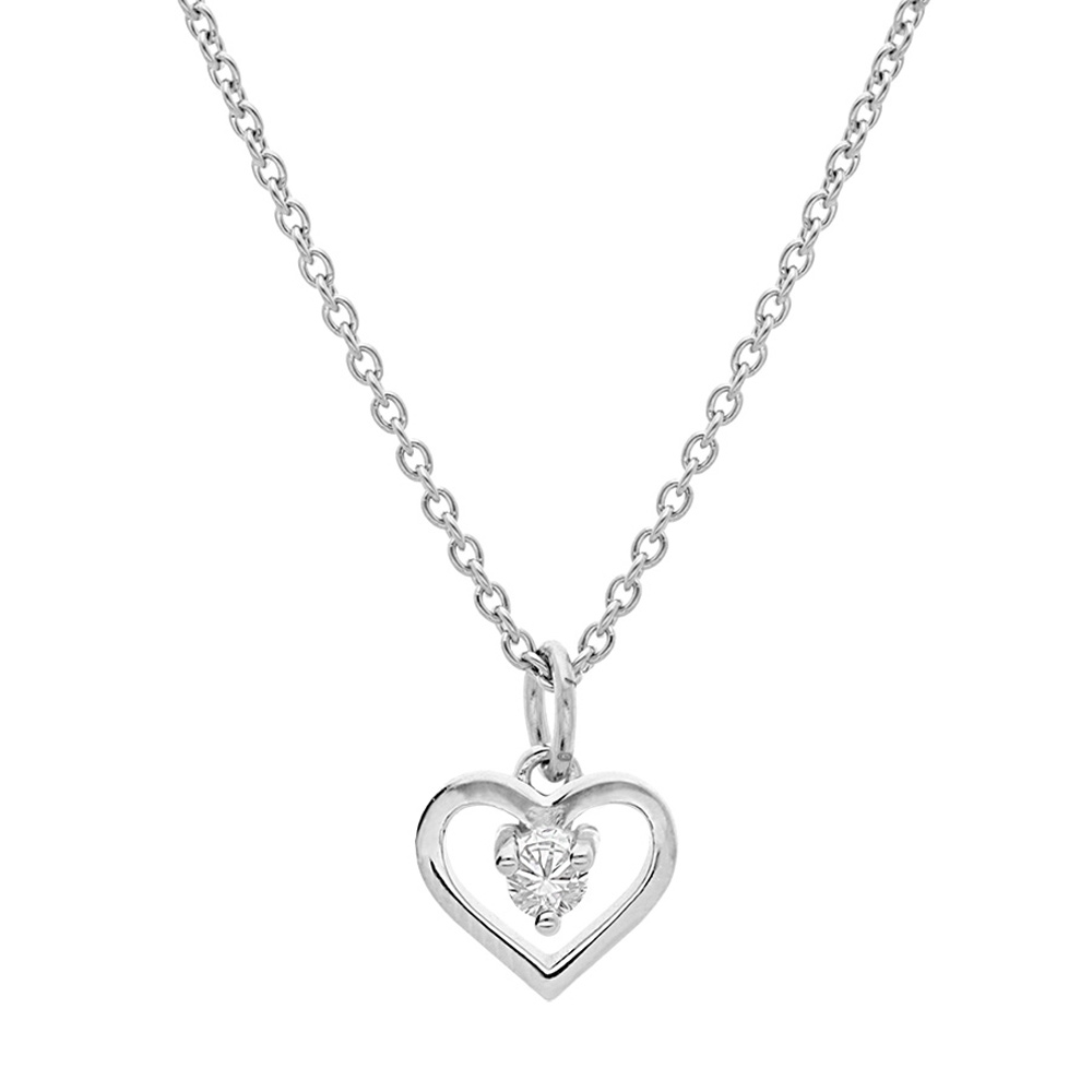 Collier enfant en argent platin� cha�ne avec pendentif coeur et oxyde blanc 35+5cm - Vue 1