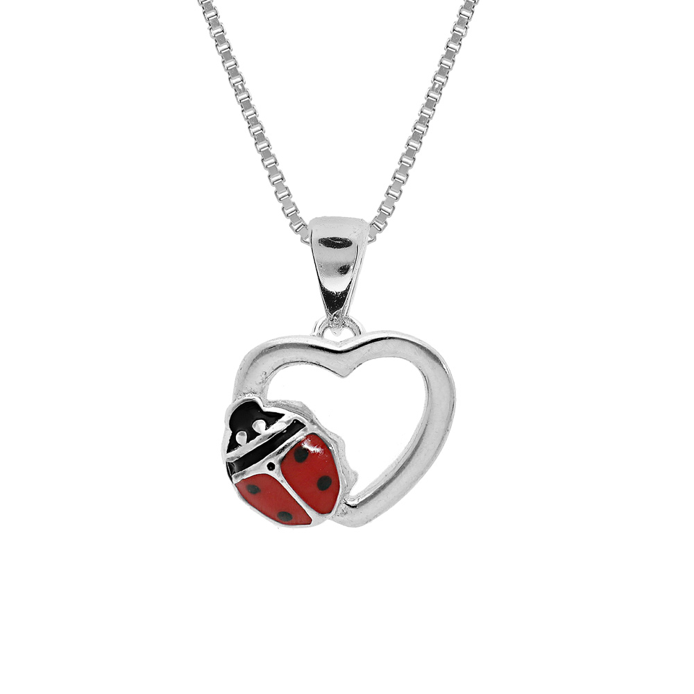 Collier enfant en argent rhodi� cha�ne avec pendentif coeur et coccinelle 36+2cm - Vue 1