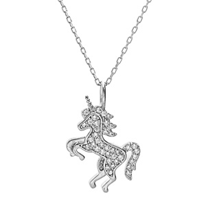 Collier enfant en argent rhodi massif chane avec pendentif licorne pave d\'oxydes blancs sertis 38+5cm - Vue 1