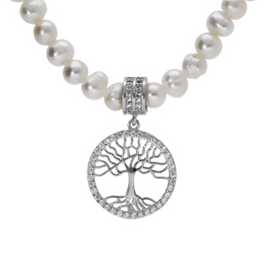 Collier perles de culture d\'eau douce et arbre de vie avec oxydes blancs sertis 40+5cm - Vue 1