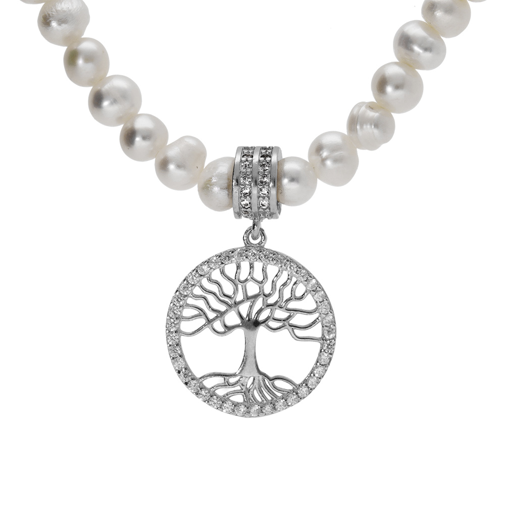 Collier perles de culture d\'eau douce et arbre de vie en argent avec oxydes blancs sertis 40+5cm - Vue 1