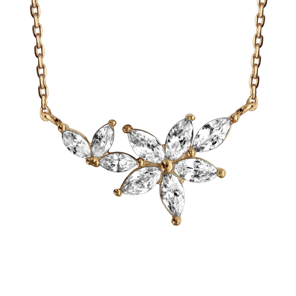 Collier plaqu� or fleur oxydes blancs sertis - longueur 39,5+5cm - Vue 1
