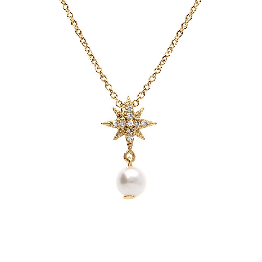 Collier plaqu or forme etoile oxydes blancs et perle blanche imitation  42+3cm - Vue 1