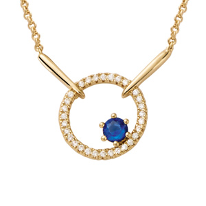 Collier plaqu or forme rond 1 verre bleu fonc contour oxydes blancs sertis - longueur 40+4cm - Vue 1