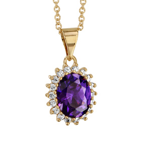 Collier plaqu or pendentif forme ovale oxyde violet et contour oxydes blancs sertis - longueur 40+4cm - Vue 1