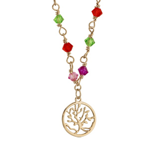 Collier plaqu or pierres multicolores pampille arbre de vie - longueur 42+3cm - Vue 1