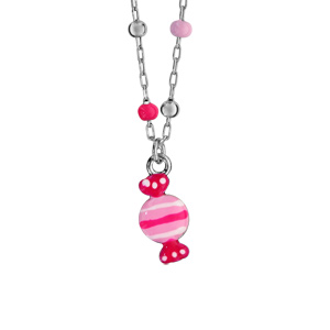 Collier pour enfant en argent rhodi chane avec boules lisses et couleur rose et pendentif bonbon rose - longueur 37cm + 3cm de rallonge - Vue 1