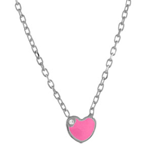 Collier pour enfant en argent rhodi chane avec pendentif coeur rose avec 1 petit oxyde blanc - longueur 36cm + 3cm de rallonge - Vue 1