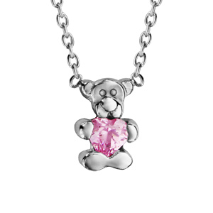 Collier pour enfant en argent rhodié chaîne avec pendentif ourson tenant 1 oxyde rose - longueur 36cm + 2cm de rallonge - Vue 1