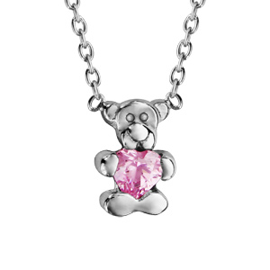 Collier pour enfant en argent rhodi chane avec pendentif ourson tenant 1 oxyde rose - longueur 36cm + 2cm de rallonge - Vue 1