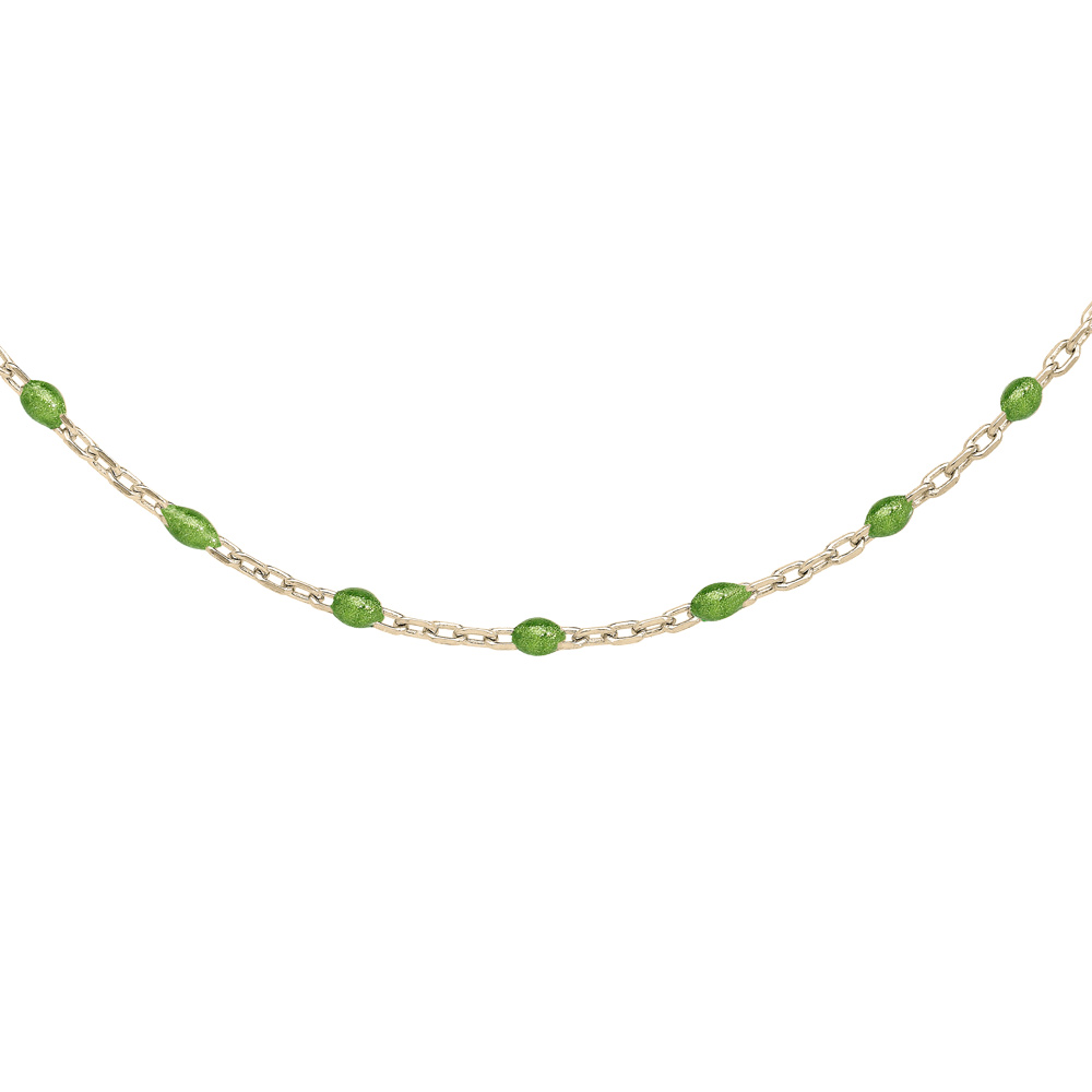Collier Sautoir en argent et dorure jaune cha�ne avec olives couleur vert 60+10cm - Vue 1