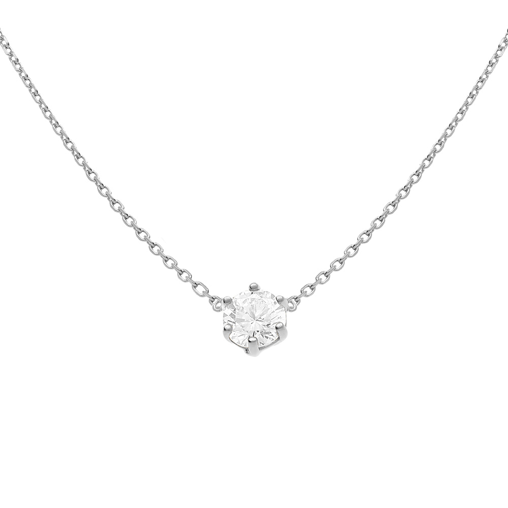 Collier solitaire argent rhodi� oxyde blanc 6mm sertis 6 griffes r�glable 38 � 42cm - Vue 1