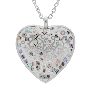 Collier Stella Mia en acier chaîne avec pendentif coeur (32X30mm) motif arbre de vie couleur bleur avec nacre - 38+7cm - Vue 1