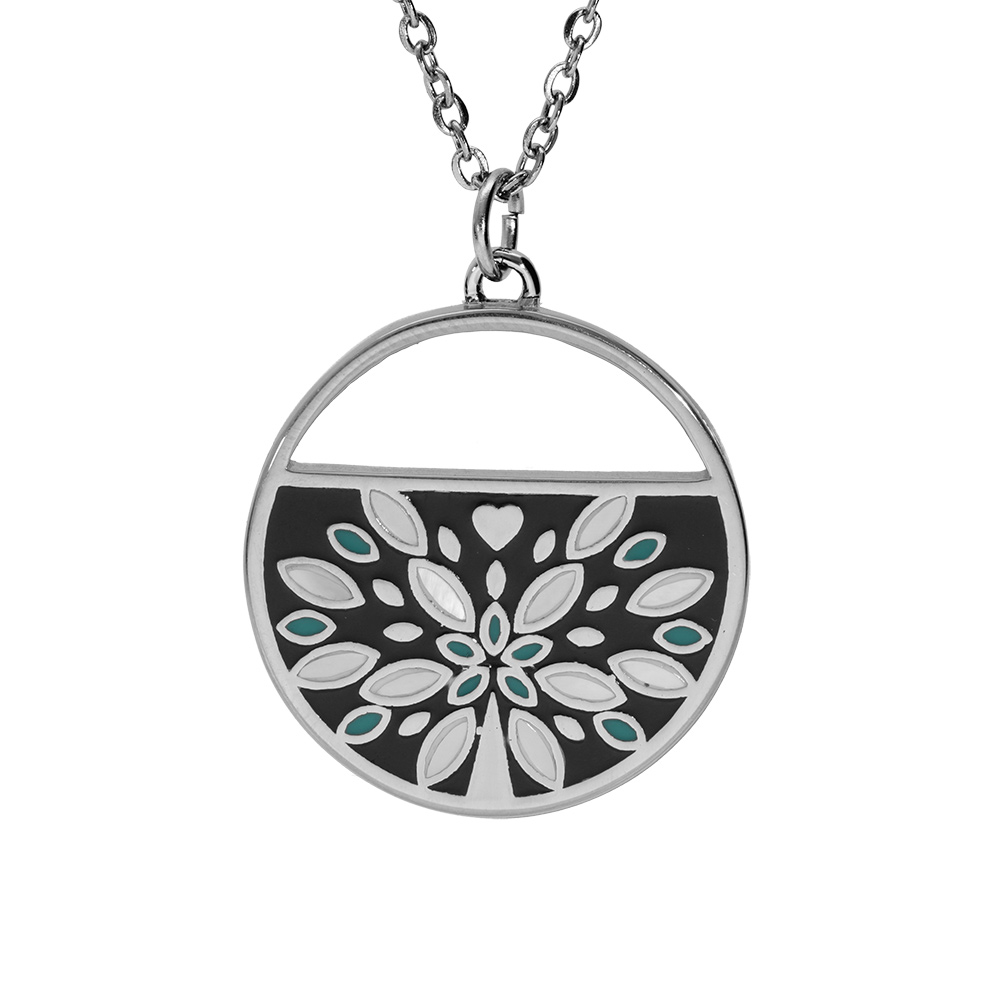Collier Stella Mia en acier chane avec pendentif rond diamtre 22mm motifs ptales en rsine et nacre - 45+5cm - Vue 1