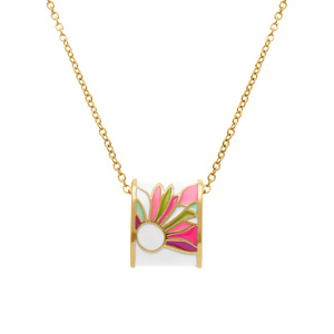 Collier Stella Mia en acier doré jaune avec pendentif rectangulaire fond résine blanche fleur rose et violet - 42+10cm - Vue 1