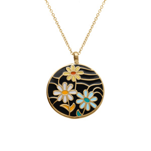 Collier Stella Mia en acier doré jaune avec pendentif rond fleur fond résine noire - 45+10cm - Vue 1