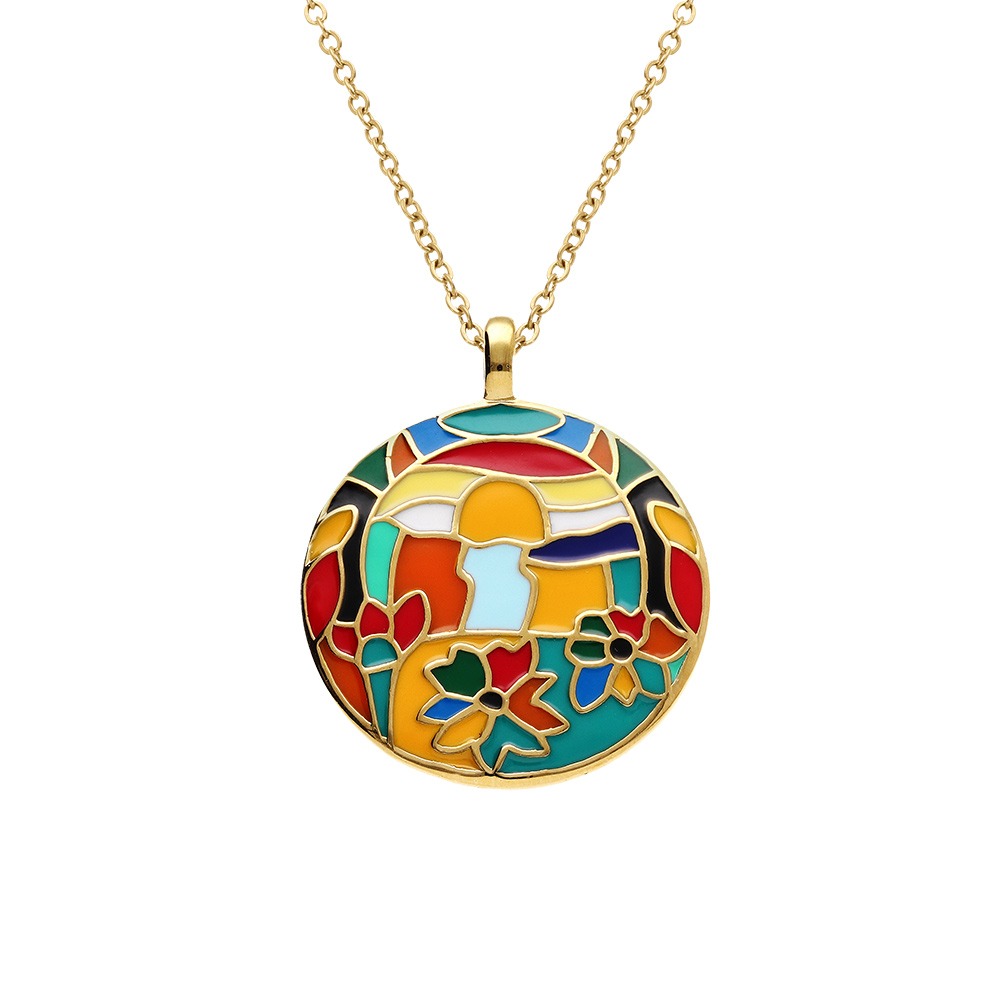 Collier  Stella Mia en acier dor� jaune avec pendentif  rond r�sine multi couleur  - 45+10cm - Vue 1