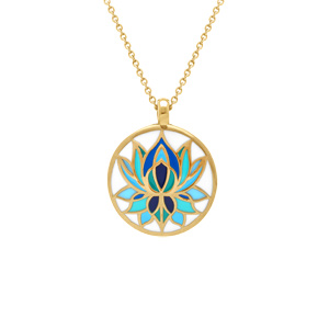 Collier Stella Mia en acier doré pendentif 16mm fleur de lotus résine bleue fond blanc - 45+10cm - Vue 1
