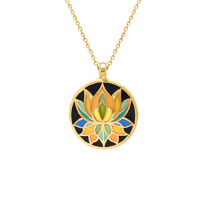 Collier Stella Mia en acier doré pendentif 16mm fleur de lotus résine fond noir - 45+10cm - Vue 1