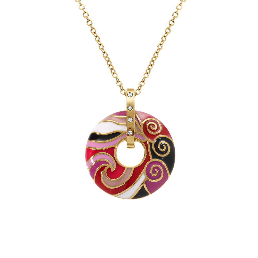 Collier Stella Mia en acier dor� pendentif  anneau r�sine rouge  - 45+10cm - Vue 1