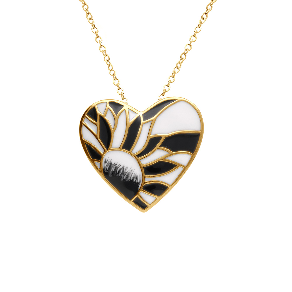 Collier Stella Mia en acier dor� pendentif  coeur r�sine blanche et noire -  45+10cm - Vue 1